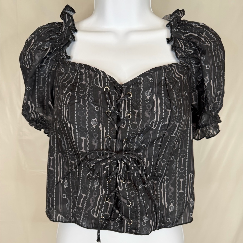 2 Fly Co Western Corset Crop Top Black Horse Bit Puff Sleeve Cottagecore M/L